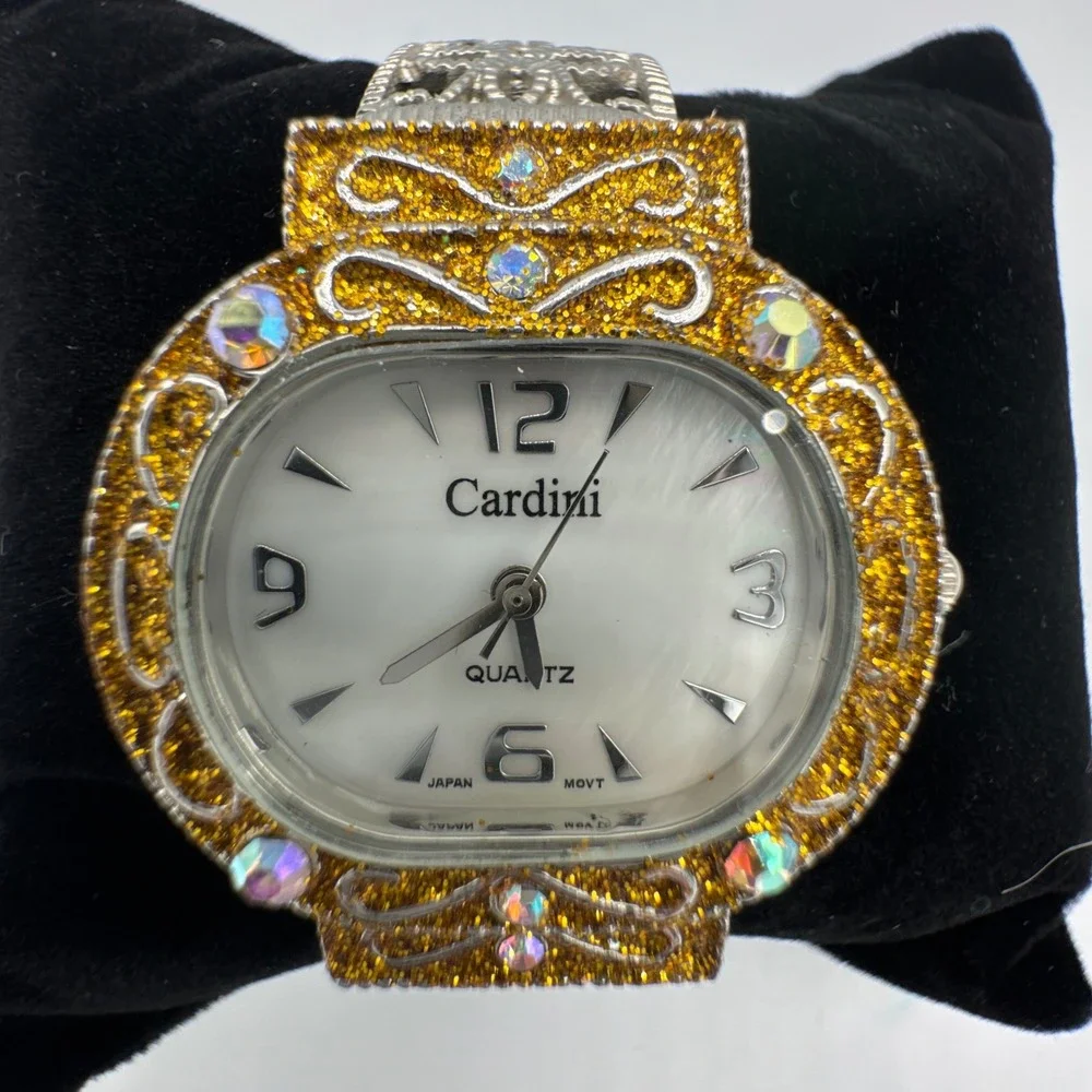 Cardini Two Tone Watch Crystal Gold‎ Silver Filigree Bangle Coquette Statement